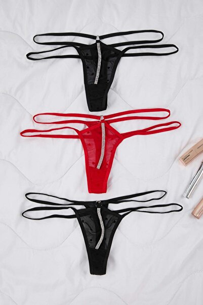 Trendyol Collection Chiloți negru-multicolor din 3 piese din tul cu buline THMAW26KU00052