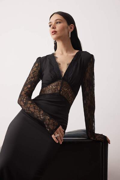 Trendyol Collection Rochie elegantă/de seară, neagră, cu dantelă, țesută Finike Midi, fără căptușeală, TPRAW26EL00104