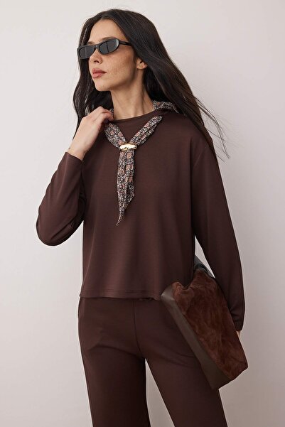 Trendyol Collection Καφέ Φουλάρι Λεπτομερές Κανονικό Πλεκτό Σετ Πάτος - Επάνω μέρος TWOAW26AU00147