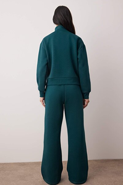 Trendyol Collection Teen Emerald Green Embroidered Stand Collar Zipper Wideleg/Wide Leg Knitted Tracksuit Set Twoaw26Au00081