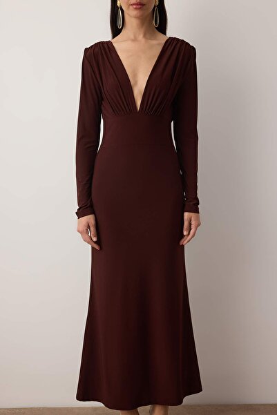 Trendyol Collection Brown Knitted Back Detailed Maxi Lined Dress Tpraw26El00108