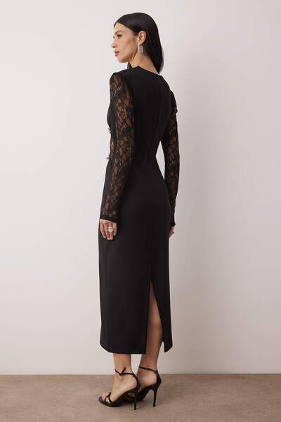 Trendyol Collection Rochie elegantă/de seară, neagră, cu dantelă, țesută Finike Midi, fără căptușeală, TPRAW26EL00104