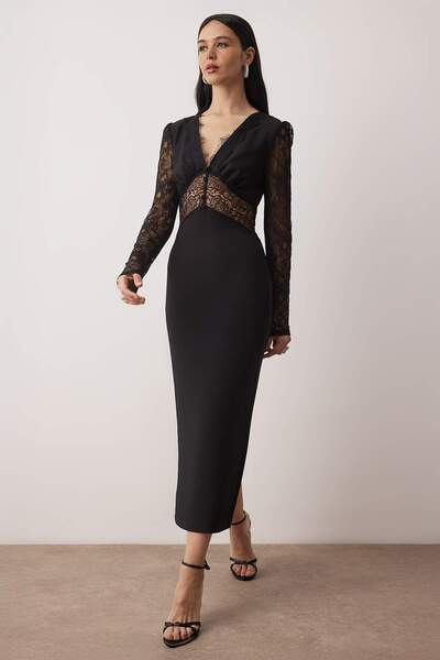 Trendyol Collection Rochie elegantă/de seară, neagră, cu dantelă, țesută Finike Midi, fără căptușeală, TPRAW26EL00104