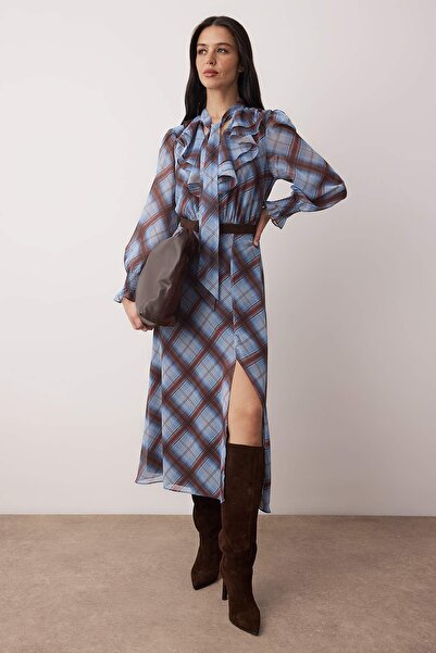 Trendyol Collection Multi-Colored Plaid Lined Woven Dress with Tie Detail Twoaw26El00306