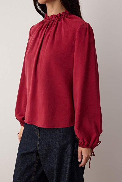 Trendyol Collection Special Collection Red Balloon Sleeve Stand Collar Modal Woven Blouse Twoaw26Bz00145