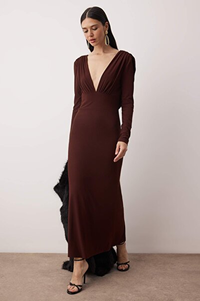 Trendyol Collection Brown Knitted Back Detailed Maxi Lined Dress Tpraw26El00108