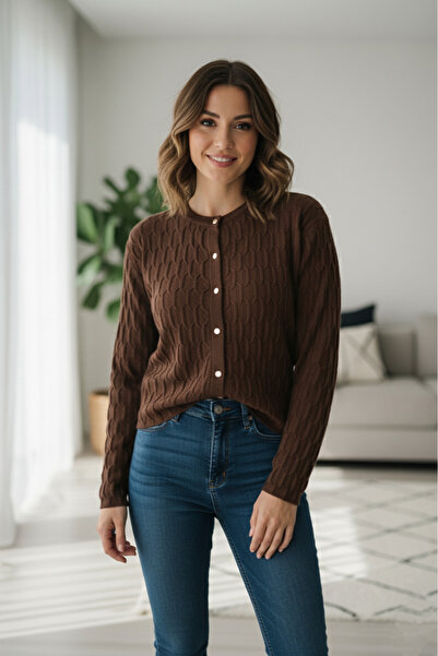 Safgiyim44 Long Sleeve Button Front Knit Cardigan Brown