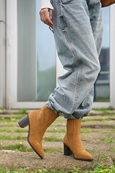 Marjin Women's Pointed Toe Zippered Thick Heel Boots Ranka Tan Suede