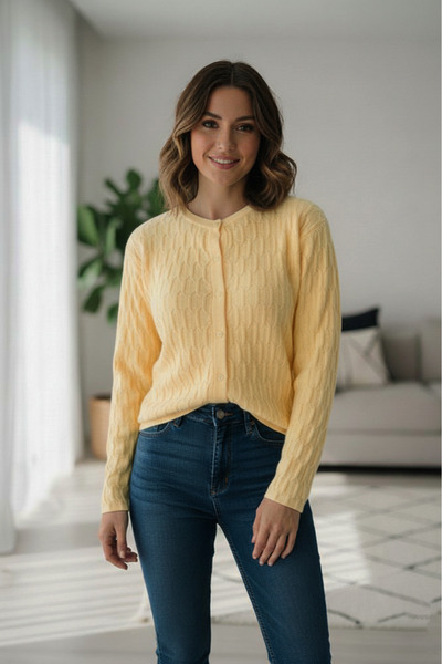 Safgiyim44 Long Sleeve Button Front Knit Cardigan Yellow