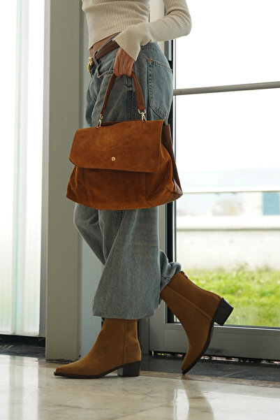 Marjin Women's Genuine Leather Hand and Shoulder Bag with Zippered Removable Inner Pocket Ornis Tan Suede