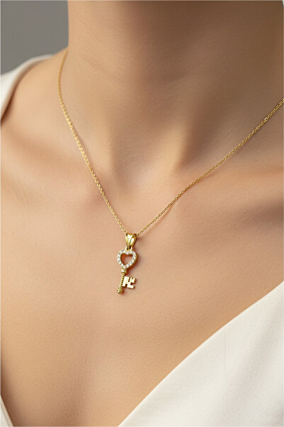 Dağıstanlı Kuyumculuk 14 Ayar Altın Zirkon Taşlı Kalp Motifli Anahtar Kolye Ucu