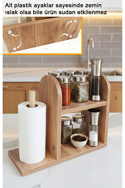 Morvizyon Kağıt Havluluklu Ahşap Mutfak Rafı – Tezgah Üstü Düzenleyici ve Peç...