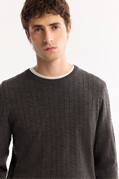 Avva Men's Anthracite Crew Neck 100% Acrylic Textured Knitwear Regular Fit Sweater E005088