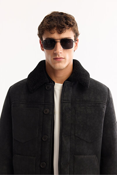 Avva Men's Black Fur Collar Napa Comfort Fit Coat A52Y6057