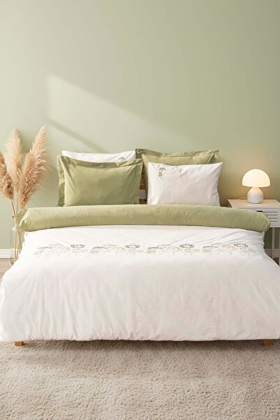 Rivaİstanbul طقم غطاء لحاف مطرز وطقم زفاف من القطن بنسبة 100% مكون من 6 قطع باللون الأخضر النباتي