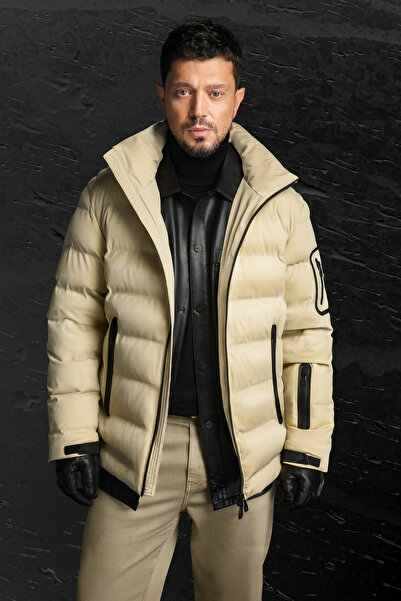 Avva Men's Beige Hooded Goose down Water Repellent Windproof -10 ° C Durable Inflatable Coat A52Y6067