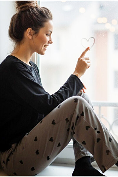 Siyah İnci Grey Black Heart Patterned Cotton Knitted Pajama Set7948