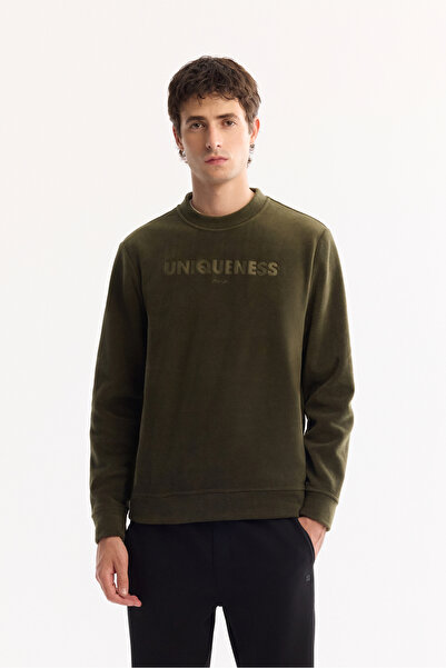 Avva Men's Khaki Crew Neck Soft Touch Printed Fleece Regular Fit Sweatshirt A52Y1269