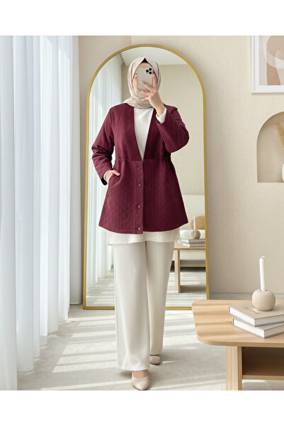 Modamorfo V Yaka Beli Bağcıklı Cepli Düğmeli Kap -Bordo