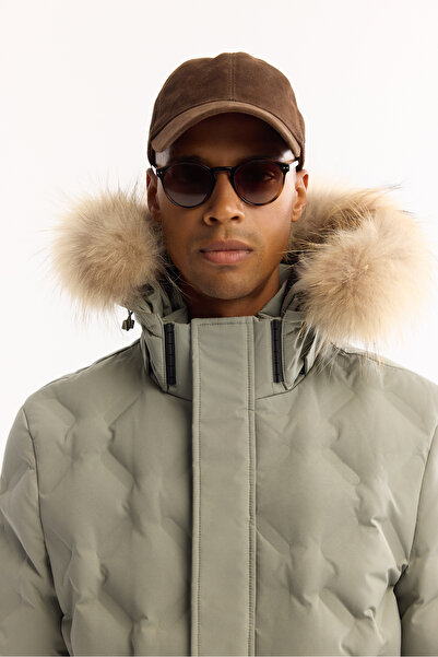 Avva Men's Nile Green 100% Goose down Raccoon Fur Collar Hooded Comfort Fit Coat A52Y6166