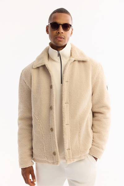 Avva Men's Beige Classic Collar Windproof -4 Degree Resistant Plush Regular Fit Coat A52Y6111