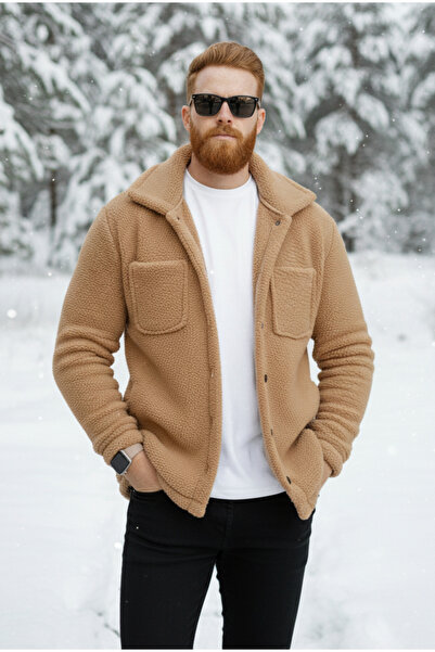 Teenage Millionaire Men's Camel Beige Milk Coffee Plush Furry Shirt Collar Model Buttoned Jacket Cardigan Coat Sweatshirt Fleece