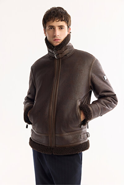 Avva Men's Brown Fur Collar Leather Look Napa Comfort Fit Coat A52Y6060