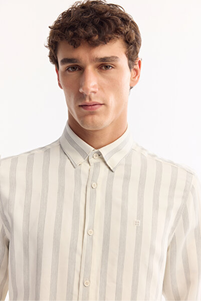 Avva Men's Gray Buttoned Collar Soft Touch Striped Comfort Fit Shirt A52Y2112