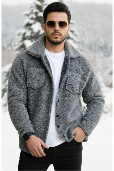Teenage Millionaire Ανδρικό πουλόβερ αναρασίτ γκρι βελούδινο με γούνινο γιακά με κουμπιά, μπουφάν, ζακέτα, παλτό, φούτερ, φλις