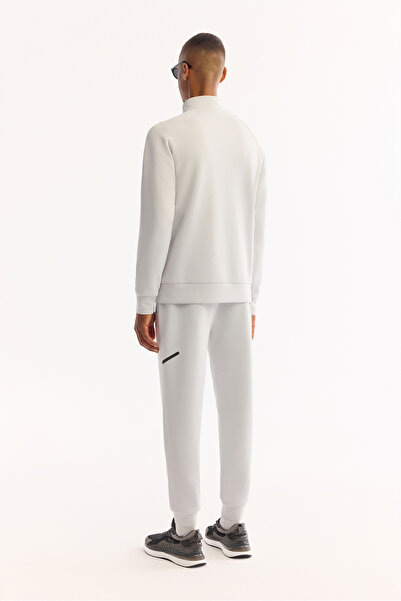 Avva Men's Light Grey Stand Collar Zipper Side Pocket Zipper Textured Interlock Cardigan A52Y1335