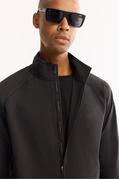 Avva Men's Black Stand Collar Zippered Chest Injection Printed Interlock Technical Fabric Cardigan A52Y1203