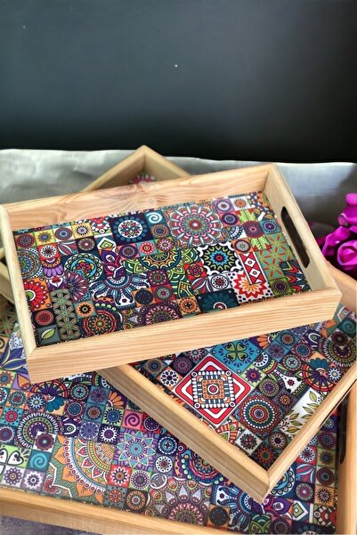 Umut Mixed Pattern Wooden 3-Piece Serving Presentation Tray Tea Coffee Presentation Tray Tea Tray