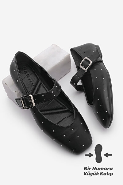 Marjin Černé dámské baleríny Velona - tupá špička, přezky a cvočky