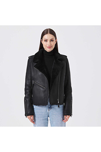 Tergan Siyah Hakiki Deri Kadın Kürk Mont - K23KKM320408-Q3H