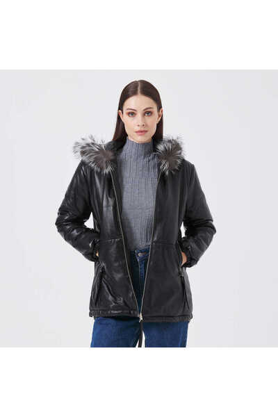 Tergan Siyah Deri-Kürk Kadın Mont - K23KDM320392-Q3H