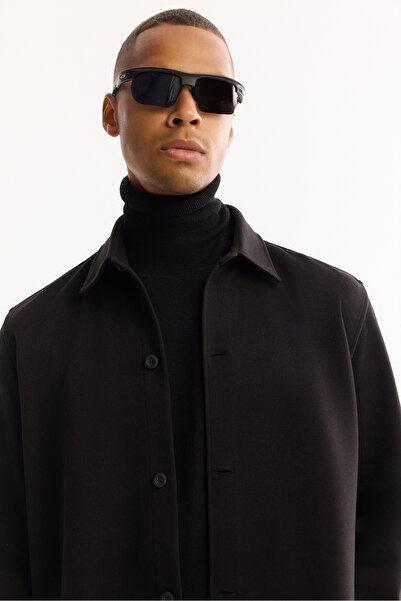 Avva Men's Black Classic Collar Rayon Blend Comfort Fit Shirt Jacket A52Y2043