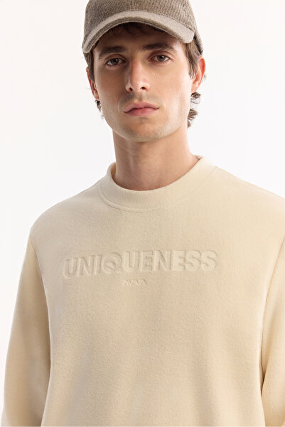 Avva Men's Ecru Crew Neck Soft Touch Printed Fleece Regular Fit Sweatshirt A52Y1269