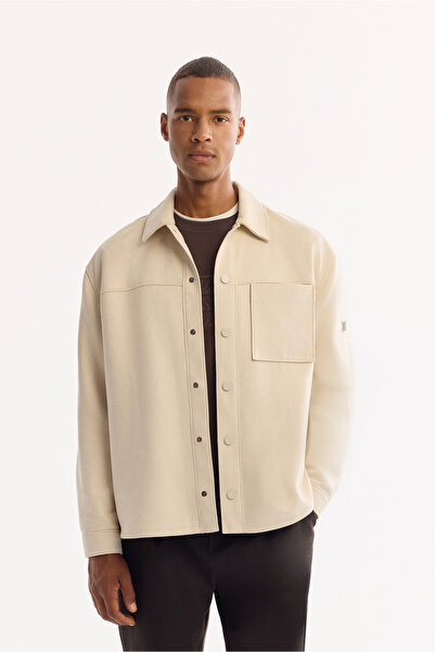 Avva Men's Beige Front Snap Button Closure Pocket Suede Faux Leather Shirt Jacket A52Y6004