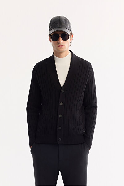 Avva Ανδρική μαύρη ζακέτα με γιακά με κουμπιά, απαλή αφή, ριγέ και κανονική εφαρμογή A52Y5042