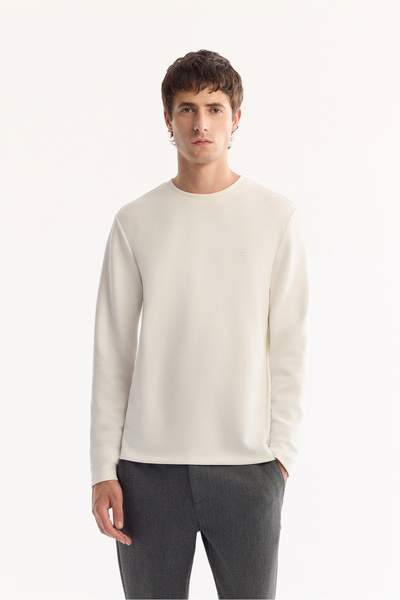 Avva Men's Ecru Crew Neck Viscose Blended Bi-Stretch Basic Regular Fit Sweatshirt B001081