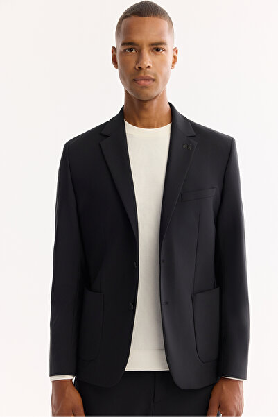 Avva Ανδρικό μαύρο μονόχρωμο μπλέιζερ με δύο ελαστικότητες, αδιάβροχο, χωρίς ζαρώματα, Comfort Slim Fit Jacket A52Y4009