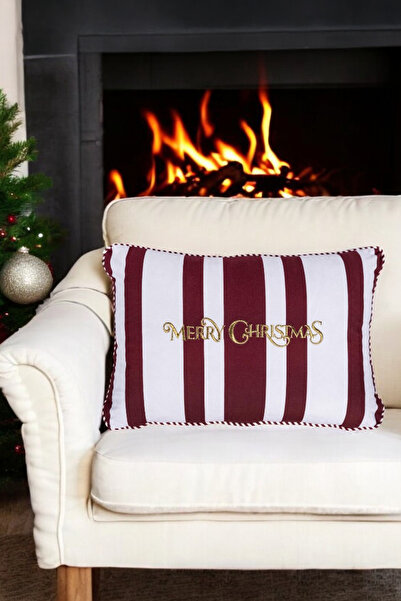 ASDİVA Yılbaşı Kırlent Kılıfı Bordo-Beyaz  Zemin Minimal Merry Chrıstmas Nakı...