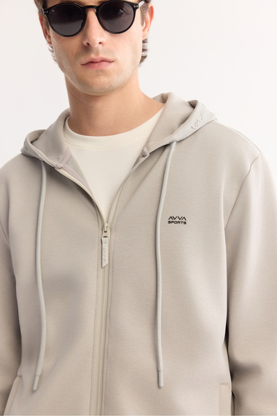 Avva Men's Gray Hooded Collar Gel Print Chest Injection Printed Zippered Interlock Sweatshirt Cardigan