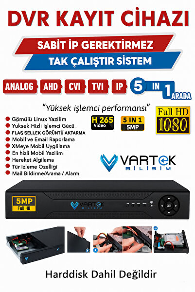 DVR 8 Kanal 5mp 1080n Fullhd H265 Kayıt Cihazı Kolay Cepten Izle Sabit Ip Ist...