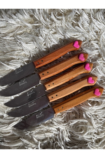 ALİBEYAVM Sevgi Enerji Motifli Doğal Ahşap Sap 5adet KalpMotifli MeyveBıçakSeti Çeyizlik SUNUMLUK