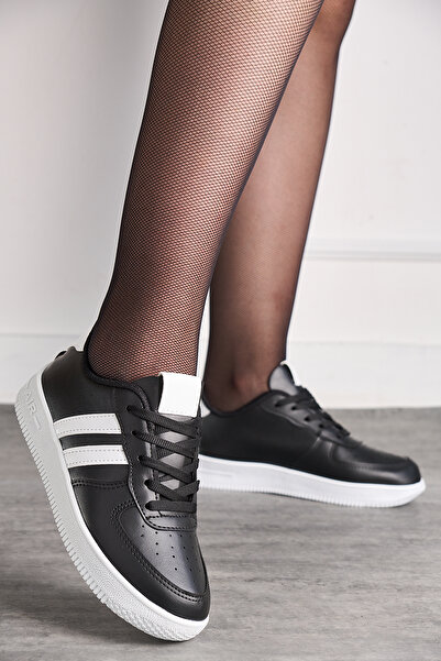 Nstil Daily Unisex Black and White Sports Shoes Lace-Up Stitching Detail Lightweight Thick High Sole Sneaker 4005