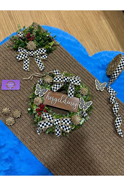 Marrone Damalı Kurdele Simli Kelebek Büyük Boy Paspas 50*100 Kapı Süsü İkili Takım Kokinalı Model