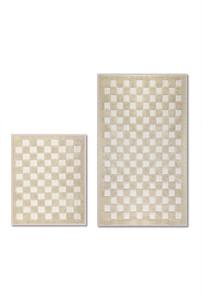 Bluenity Puantiye Doğal Pamuklu 2'li Banyo Paspas Seti 60x100+50x60 Cm - Bej