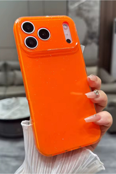 Fibaks iPhone 17 Pro Max Kılıf Simli Parlak Kamera Korumalı Turuncu Renkli Silikon Kapak