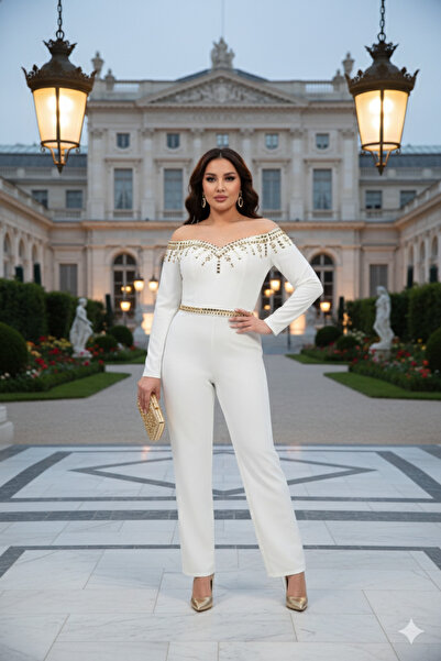 Robes Kadın Uzun Kol Taş Baskılı Straplez Şık Abiye Tulum